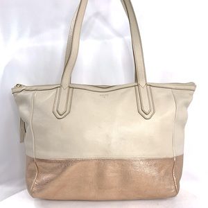 Fossil Cream Metallic Rose Gold Leather Color Block Large Tote Shoulder Bag